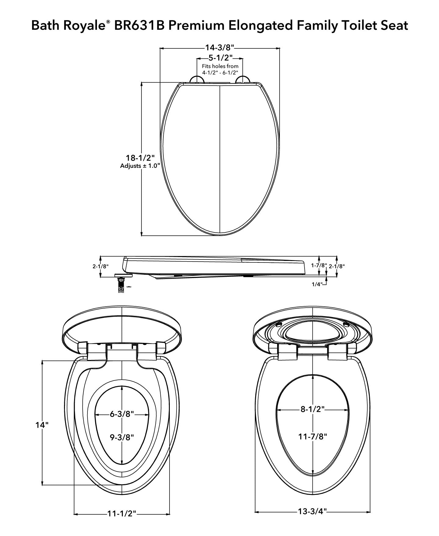 BR631B Premium Elongated Family Toilet Seat Dimensions